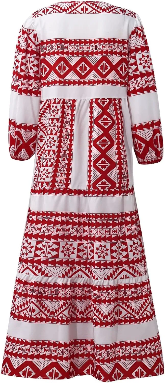 Summer Maxi Dresses for Women 2025 Puff Sleeve Flower Geometric Long Boho Dress Shift Tiered Flowy Gingham Dress