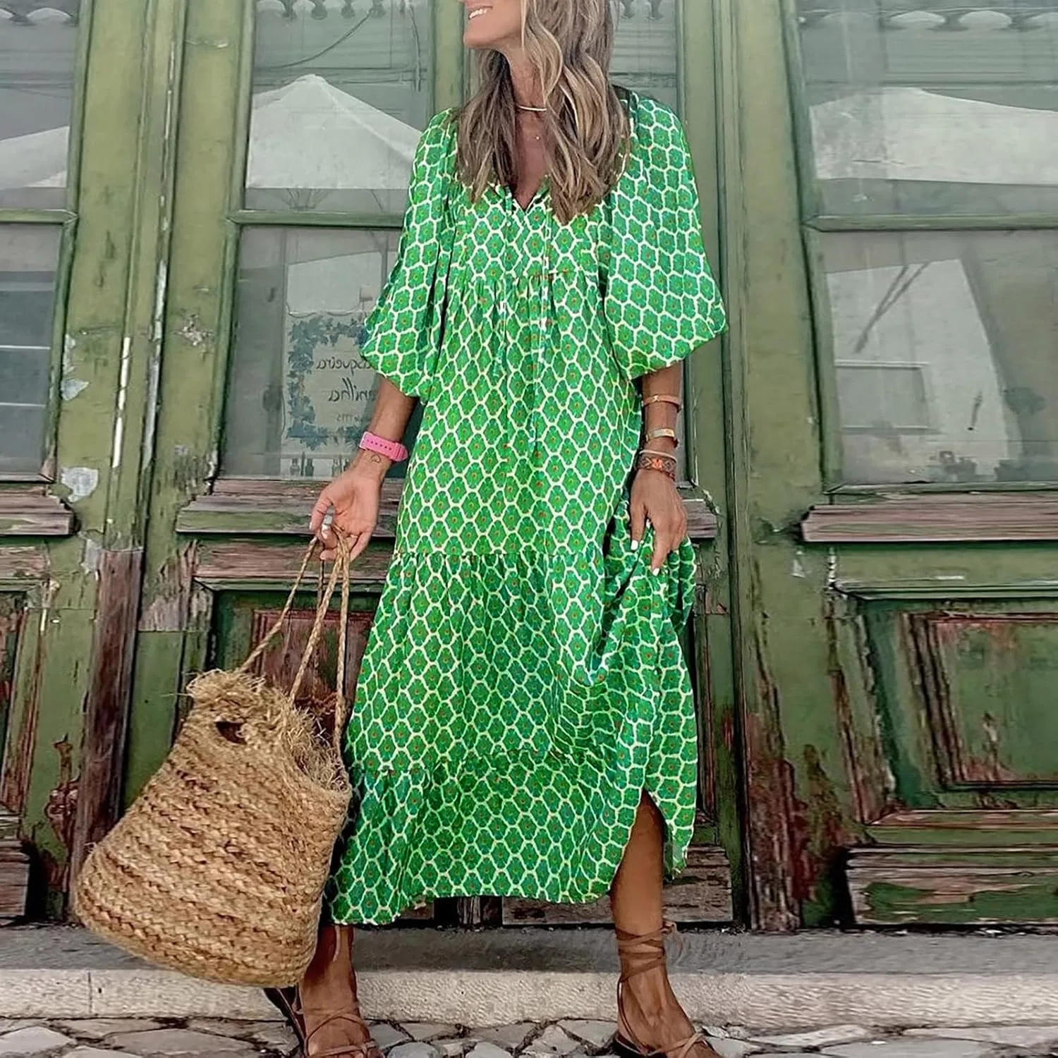Summer Maxi Dresses for Women 2025 Puff Sleeve Flower Geometric Long Boho Dress Shift Tiered Flowy Gingham Dress
