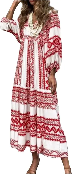 Summer Maxi Dresses for Women 2025 Puff Sleeve Flower Geometric Long Boho Dress Shift Tiered Flowy Gingham Dress