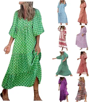 Summer Maxi Dresses for Women 2025 Puff Sleeve Flower Geometric Long Boho Dress Shift Tiered Flowy Gingham Dress