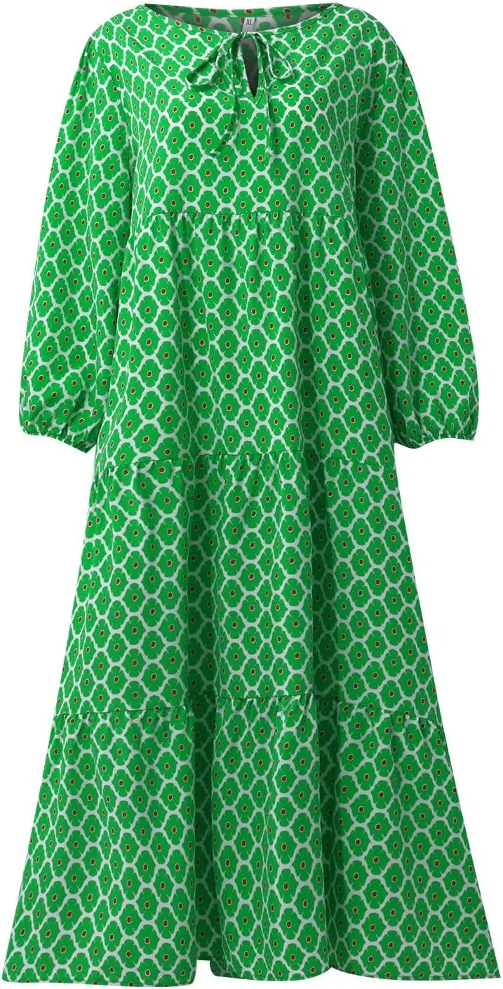 Summer Maxi Dresses for Women 2025 Puff Sleeve Flower Geometric Long Boho Dress Shift Tiered Flowy Gingham Dress