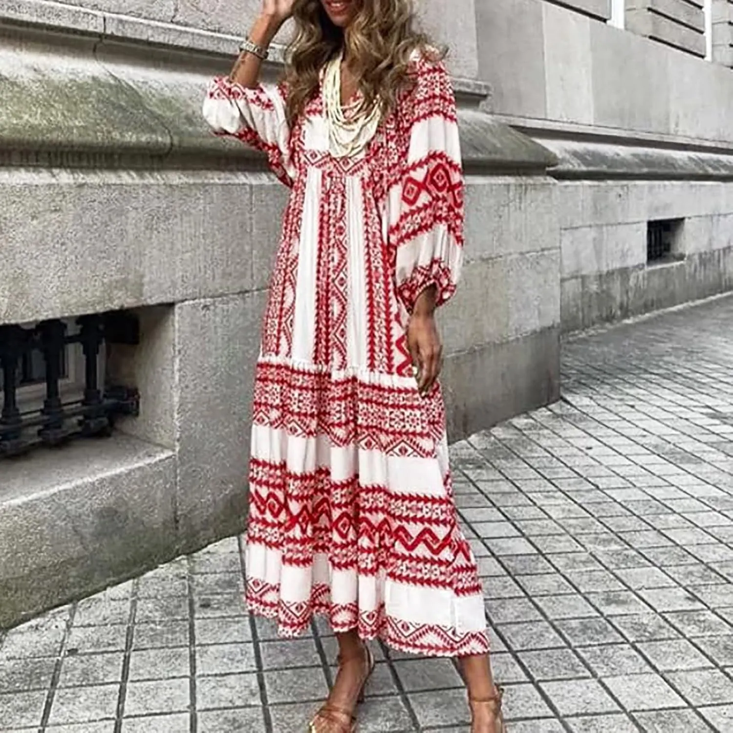 Summer Maxi Dresses for Women 2025 Puff Sleeve Flower Geometric Long Boho Dress Shift Tiered Flowy Gingham Dress