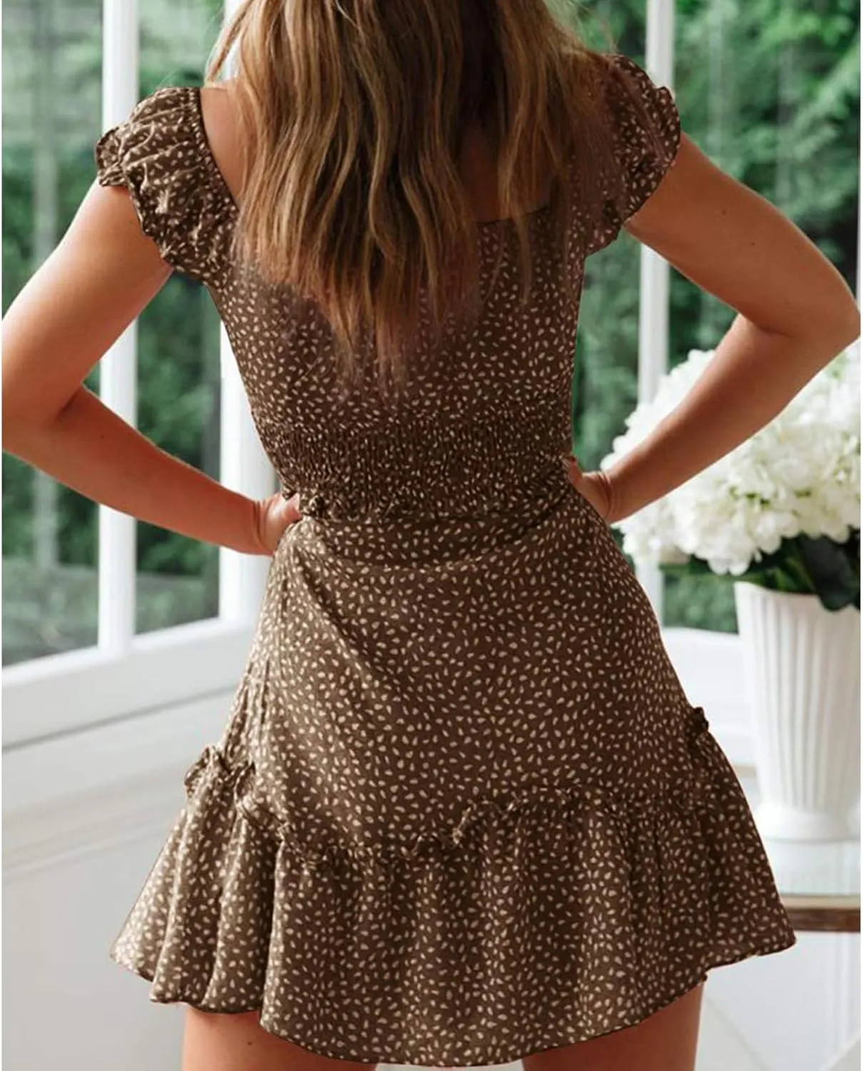 Summer Mini Dress for Women Sexy Lace Up U Neck Short Sleeve Mini Dresses Trendy Slim Floral Tunic Ruffle Hem Dress
