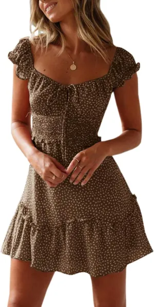 Summer Mini Dress for Women Sexy Lace Up U Neck Short Sleeve Mini Dresses Trendy Slim Floral Tunic Ruffle Hem Dress
