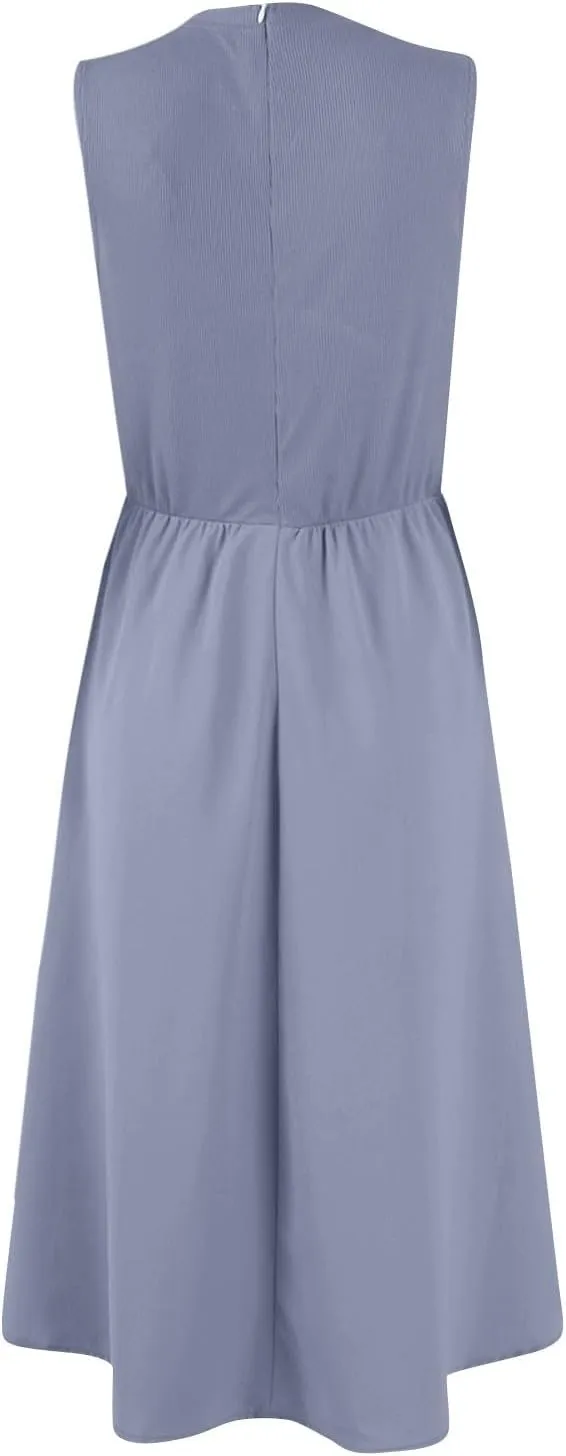 Summer Sundresses for Women Sundresses Ruched Knee Length Dress Tank Dress Sleeveless Casual Wrap Dresses with Pockets