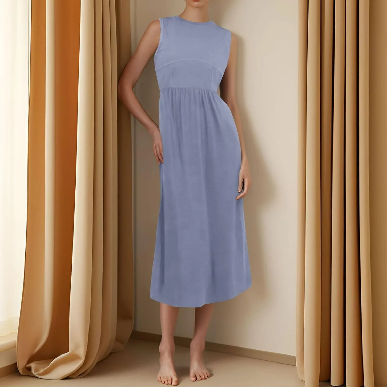Summer Sundresses for Women Sundresses Ruched Knee Length Dress Tank Dress Sleeveless Casual Wrap Dresses with Pockets