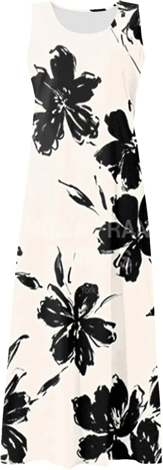 Sundresses for Women 2025 Sleeveless U Neck Boho Dress Floral Print A-Line Sundress Flowy Tank Dress with Pockets