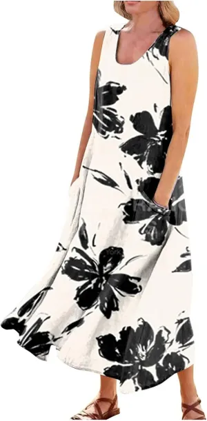 Sundresses for Women 2025 Sleeveless U Neck Boho Dress Floral Print A-Line Sundress Flowy Tank Dress with Pockets