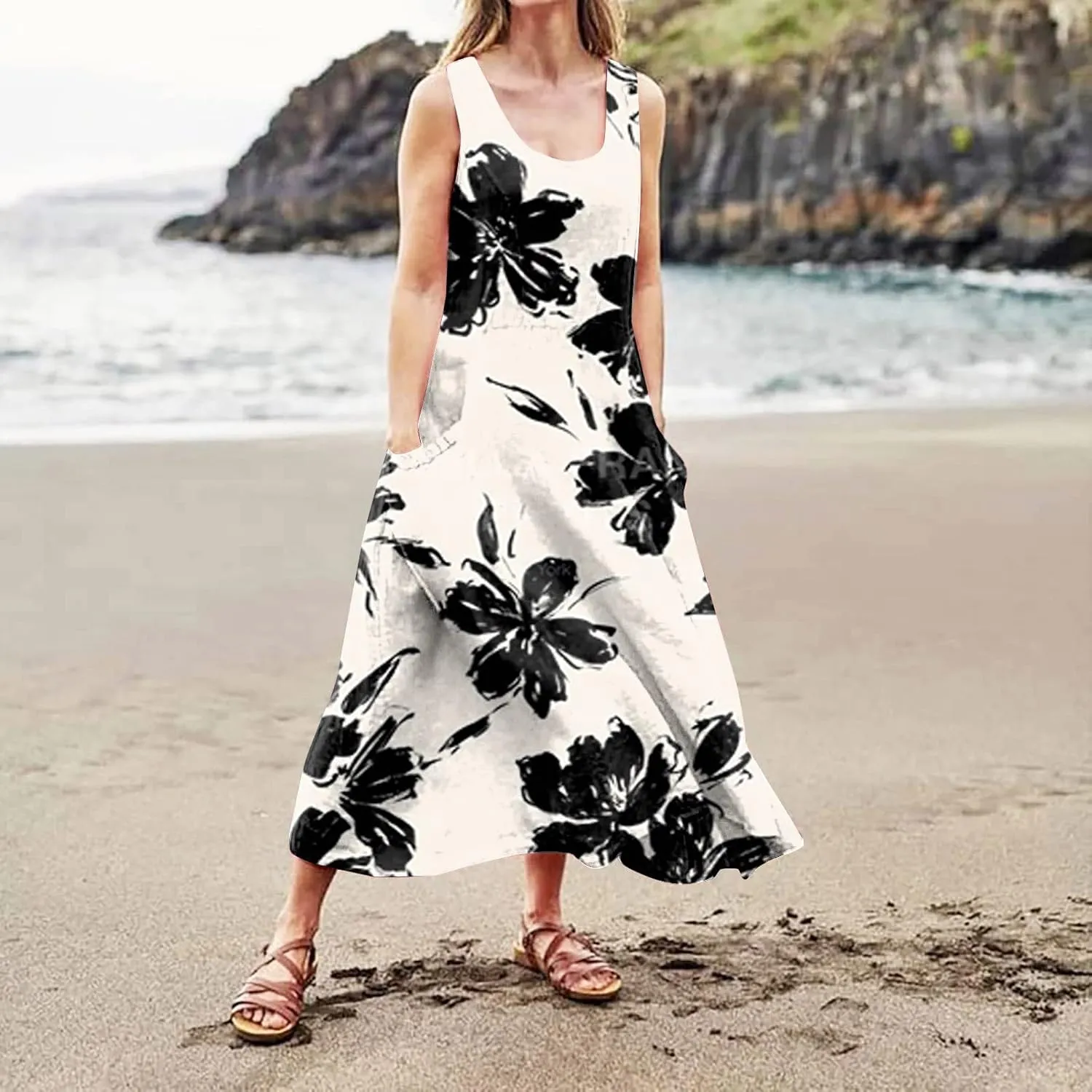 Sundresses for Women 2025 Sleeveless U Neck Boho Dress Floral Print A-Line Sundress Flowy Tank Dress with Pockets