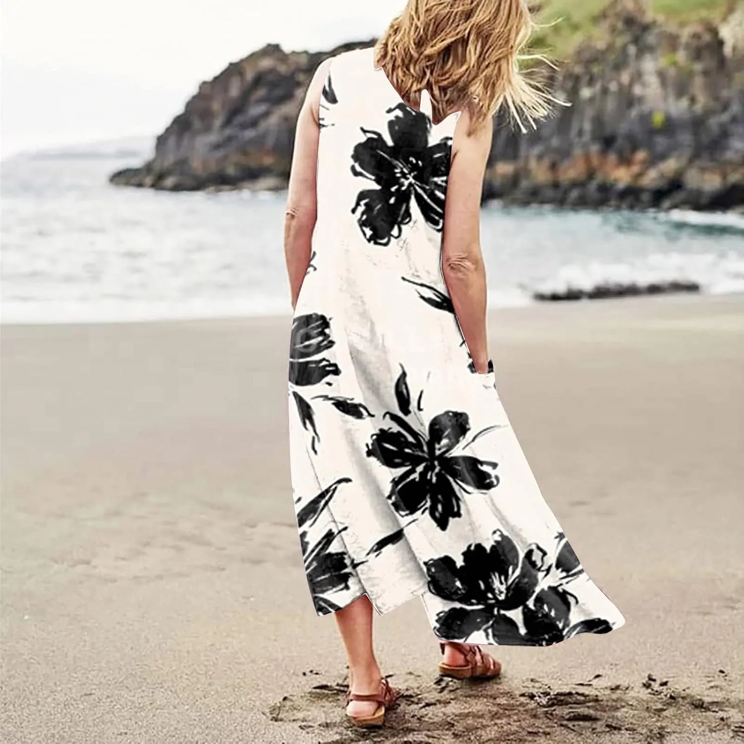 Sundresses for Women 2025 Sleeveless U Neck Boho Dress Floral Print A-Line Sundress Flowy Tank Dress with Pockets