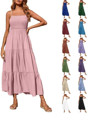 Sundresses for Women 2025 Spaghetti Strap Smocked Flowy Backless Maxi Dress Boho Cute Ruffle Tiered Beach Long Dress