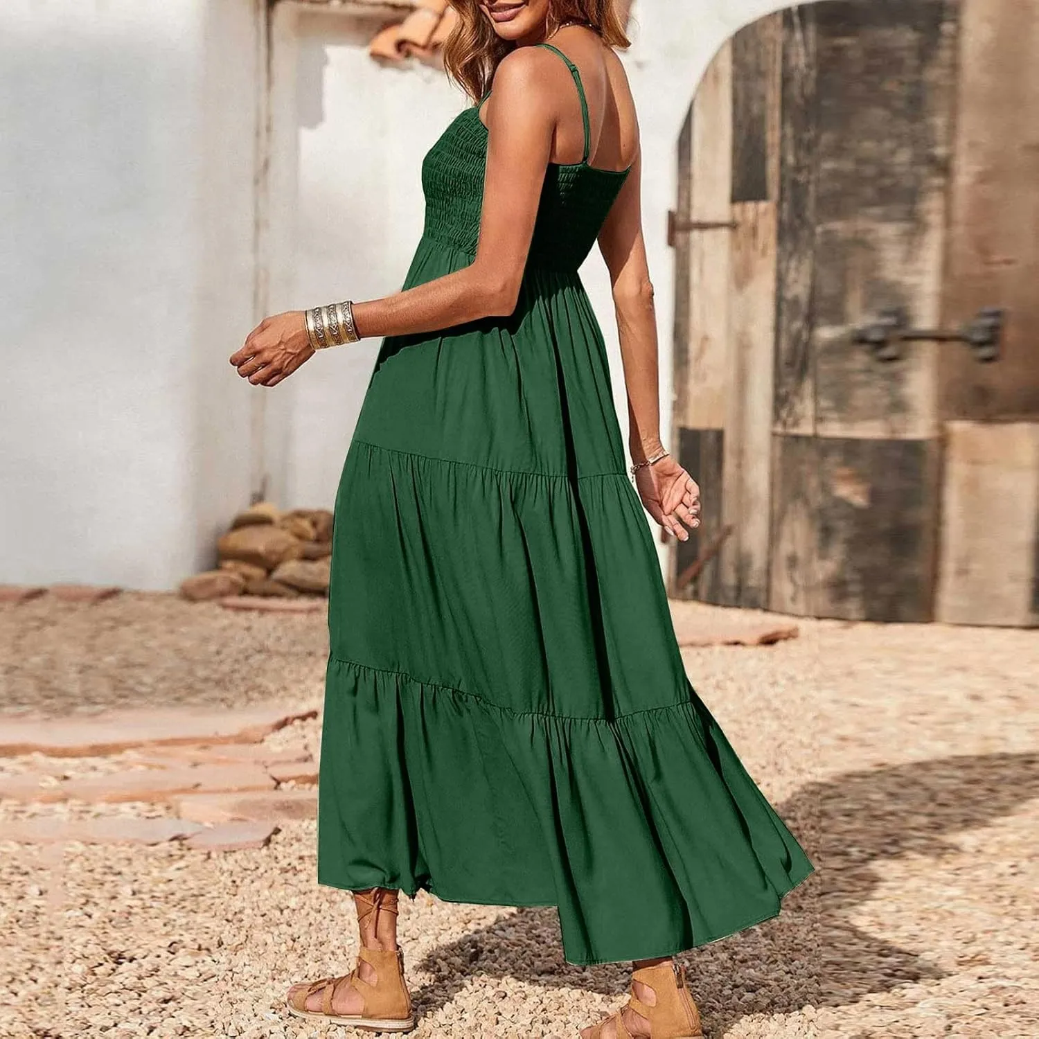 Sundresses for Women 2025 Spaghetti Strap Smocked Flowy Backless Maxi Dress Boho Cute Ruffle Tiered Beach Long Dress
