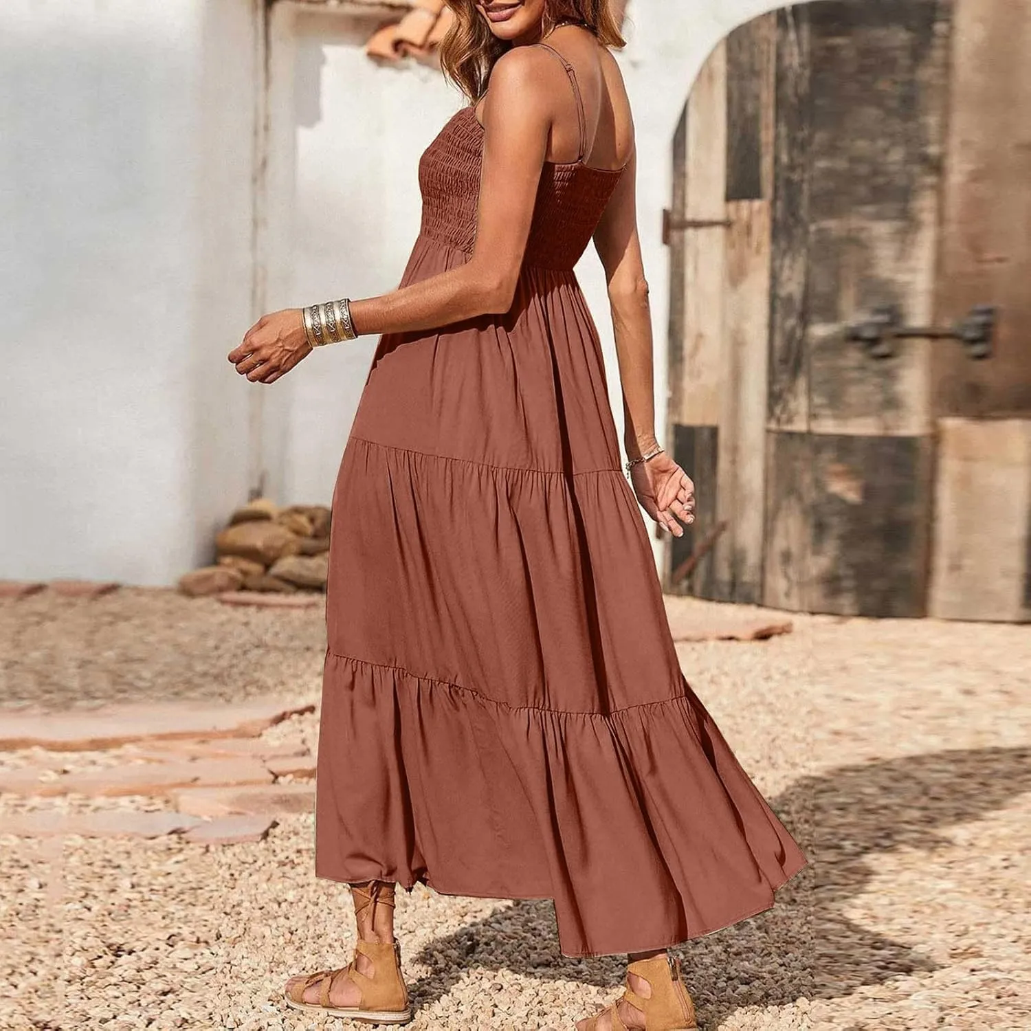 Sundresses for Women 2025 Spaghetti Strap Smocked Flowy Backless Maxi Dress Boho Cute Ruffle Tiered Beach Long Dress