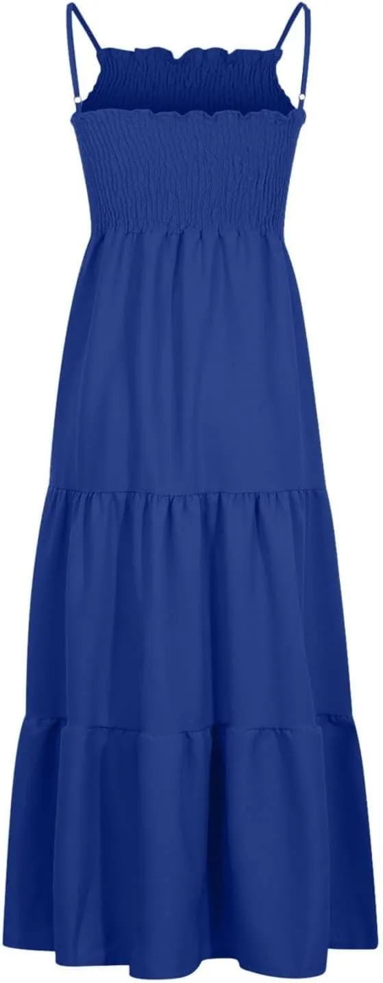 Sundresses for Women 2025 Spaghetti Strap Smocked Flowy Backless Maxi Dress Boho Cute Ruffle Tiered Beach Long Dress