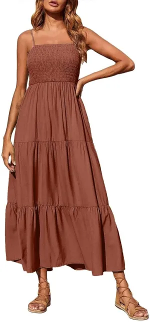 Sundresses for Women 2025 Spaghetti Strap Smocked Flowy Backless Maxi Dress Boho Cute Ruffle Tiered Beach Long Dress
