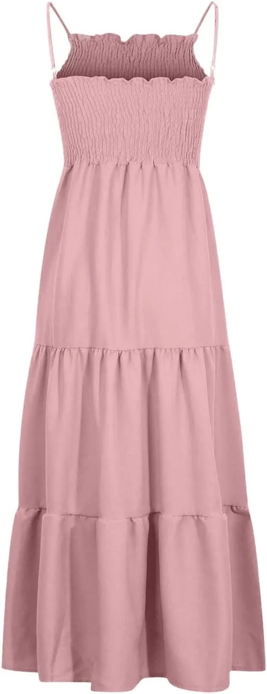 Sundresses for Women 2025 Spaghetti Strap Smocked Flowy Backless Maxi Dress Boho Cute Ruffle Tiered Beach Long Dress