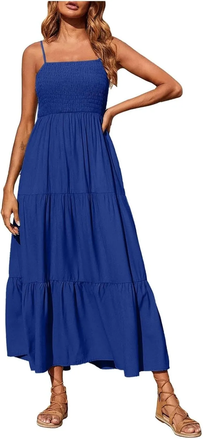 Sundresses for Women 2025 Spaghetti Strap Smocked Flowy Backless Maxi Dress Boho Cute Ruffle Tiered Beach Long Dress