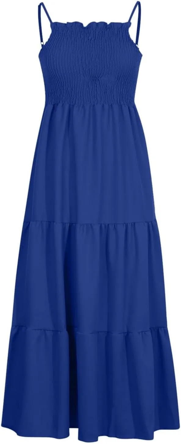 Sundresses for Women 2025 Spaghetti Strap Smocked Flowy Backless Maxi Dress Boho Cute Ruffle Tiered Beach Long Dress