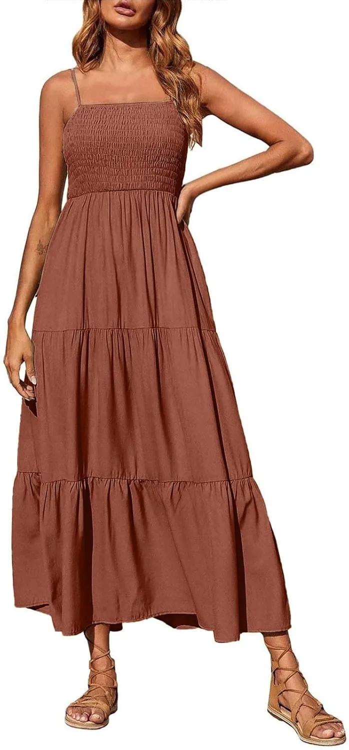 Sundresses for Women 2025 Spaghetti Strap Smocked Flowy Backless Maxi Dress Boho Cute Ruffle Tiered Beach Long Dress