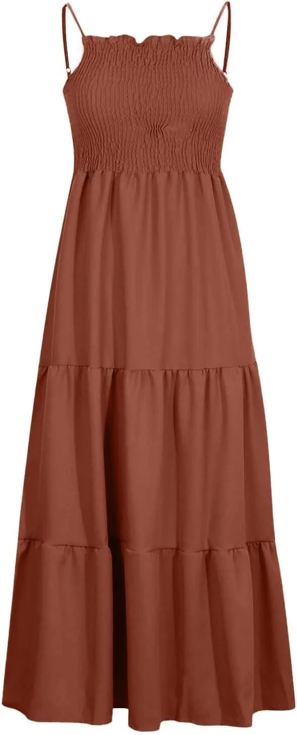 Sundresses for Women 2025 Spaghetti Strap Smocked Flowy Backless Maxi Dress Boho Cute Ruffle Tiered Beach Long Dress