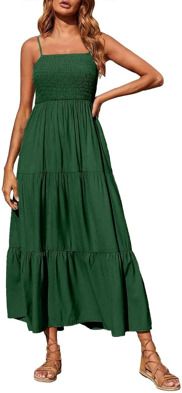 Sundresses for Women 2025 Spaghetti Strap Smocked Flowy Backless Maxi Dress Boho Cute Ruffle Tiered Beach Long Dress