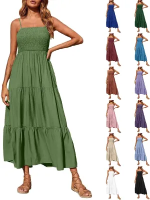 Sundresses for Women 2025 Spaghetti Strap Smocked Flowy Backless Maxi Dress Boho Cute Ruffle Tiered Beach Long Dress