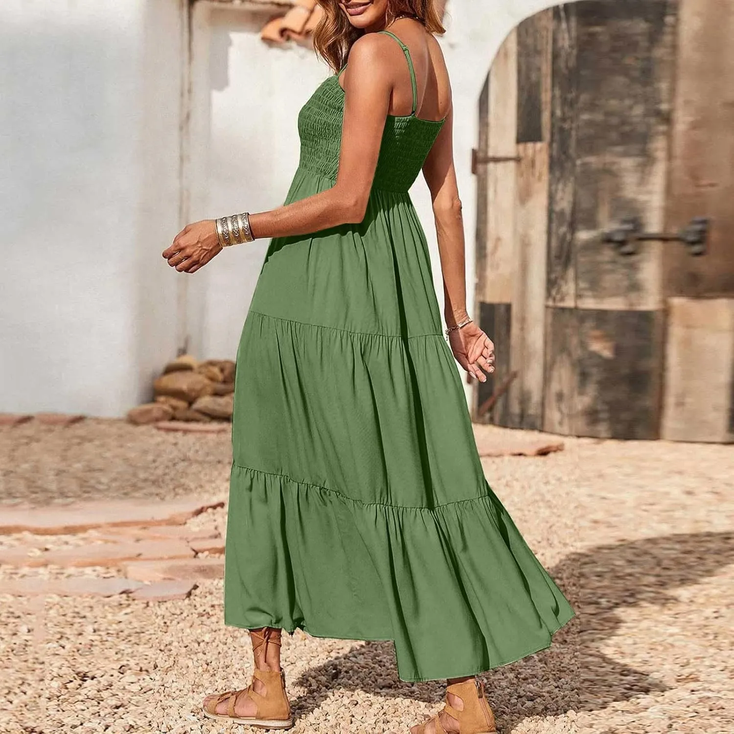 Sundresses for Women 2025 Spaghetti Strap Smocked Flowy Backless Maxi Dress Boho Cute Ruffle Tiered Beach Long Dress