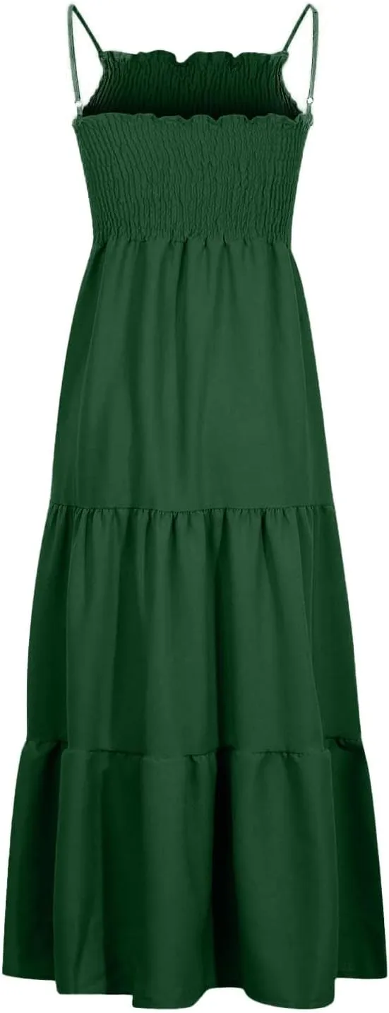 Sundresses for Women 2025 Spaghetti Strap Smocked Flowy Backless Maxi Dress Boho Cute Ruffle Tiered Beach Long Dress