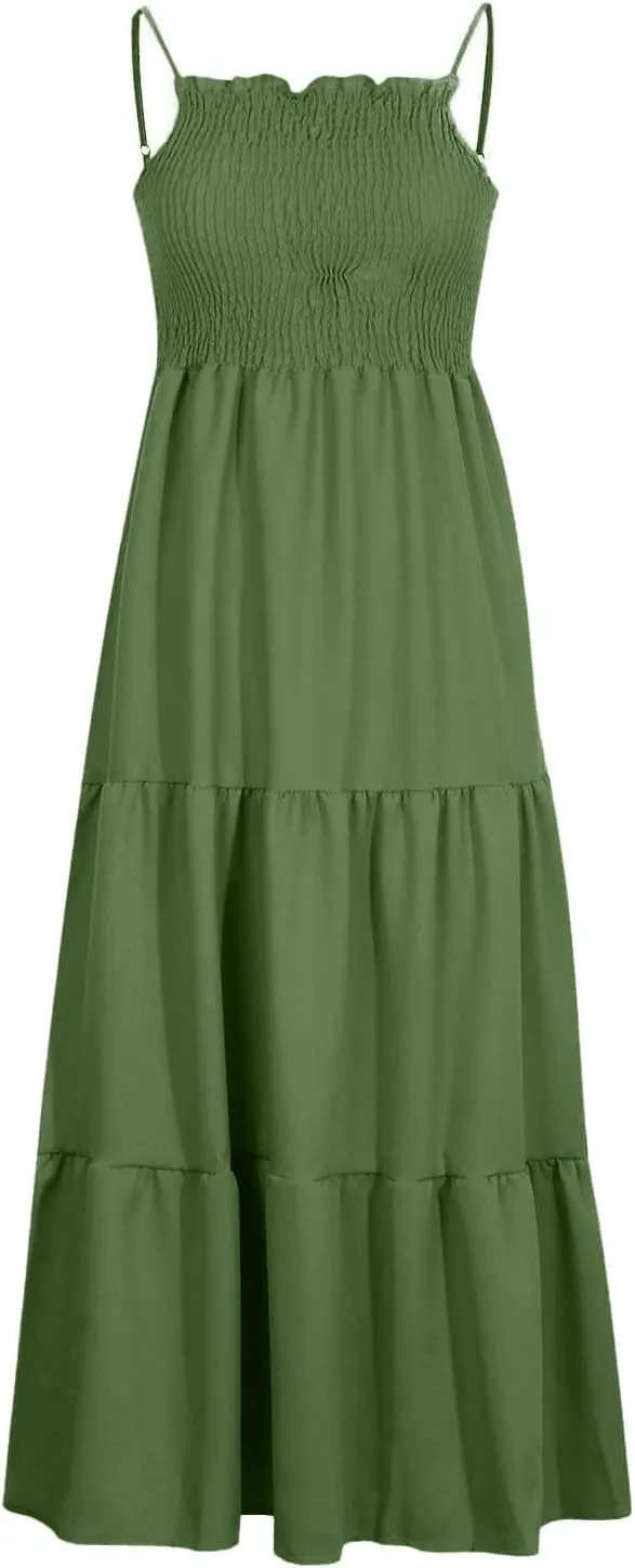 Sundresses for Women 2025 Spaghetti Strap Smocked Flowy Backless Maxi Dress Boho Cute Ruffle Tiered Beach Long Dress