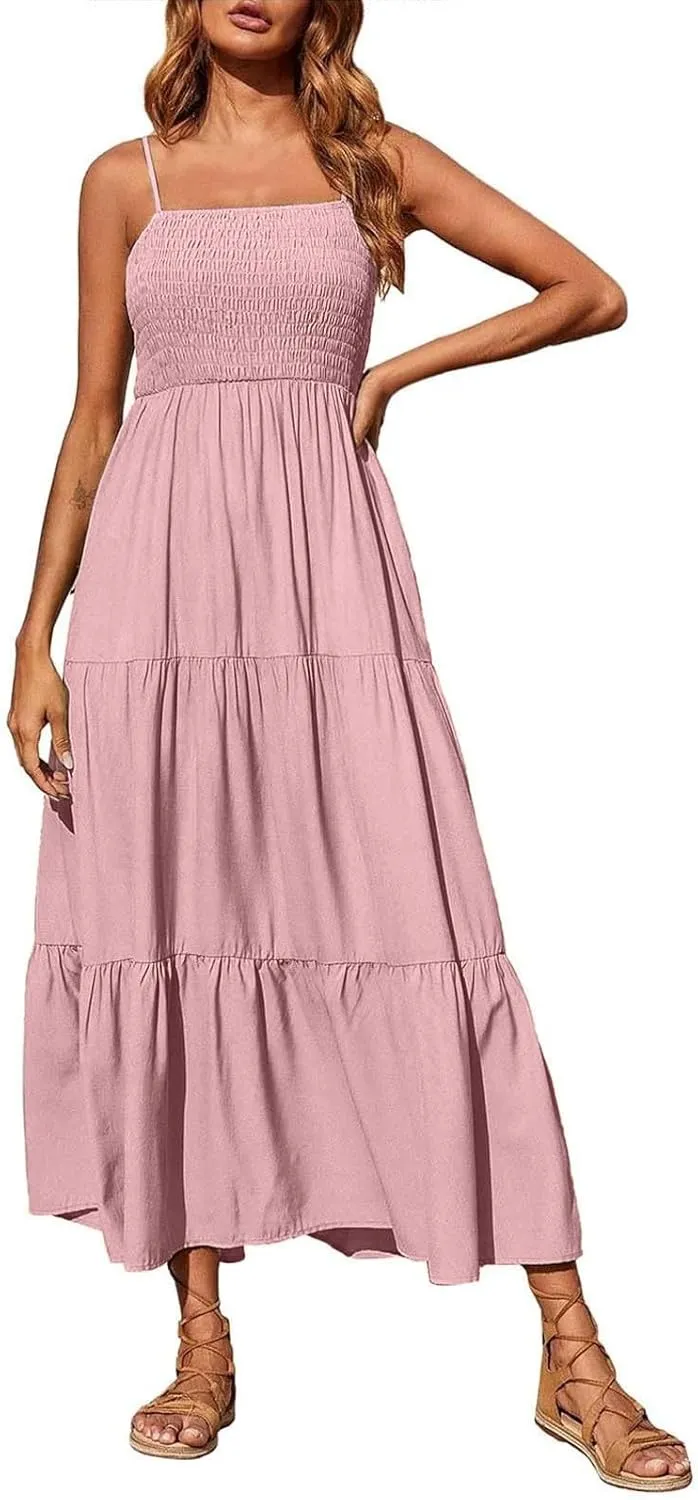 Sundresses for Women 2025 Spaghetti Strap Smocked Flowy Backless Maxi Dress Boho Cute Ruffle Tiered Beach Long Dress