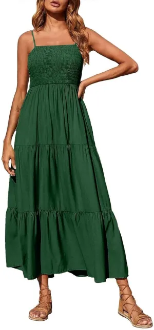 Sundresses for Women 2025 Spaghetti Strap Smocked Flowy Backless Maxi Dress Boho Cute Ruffle Tiered Beach Long Dress