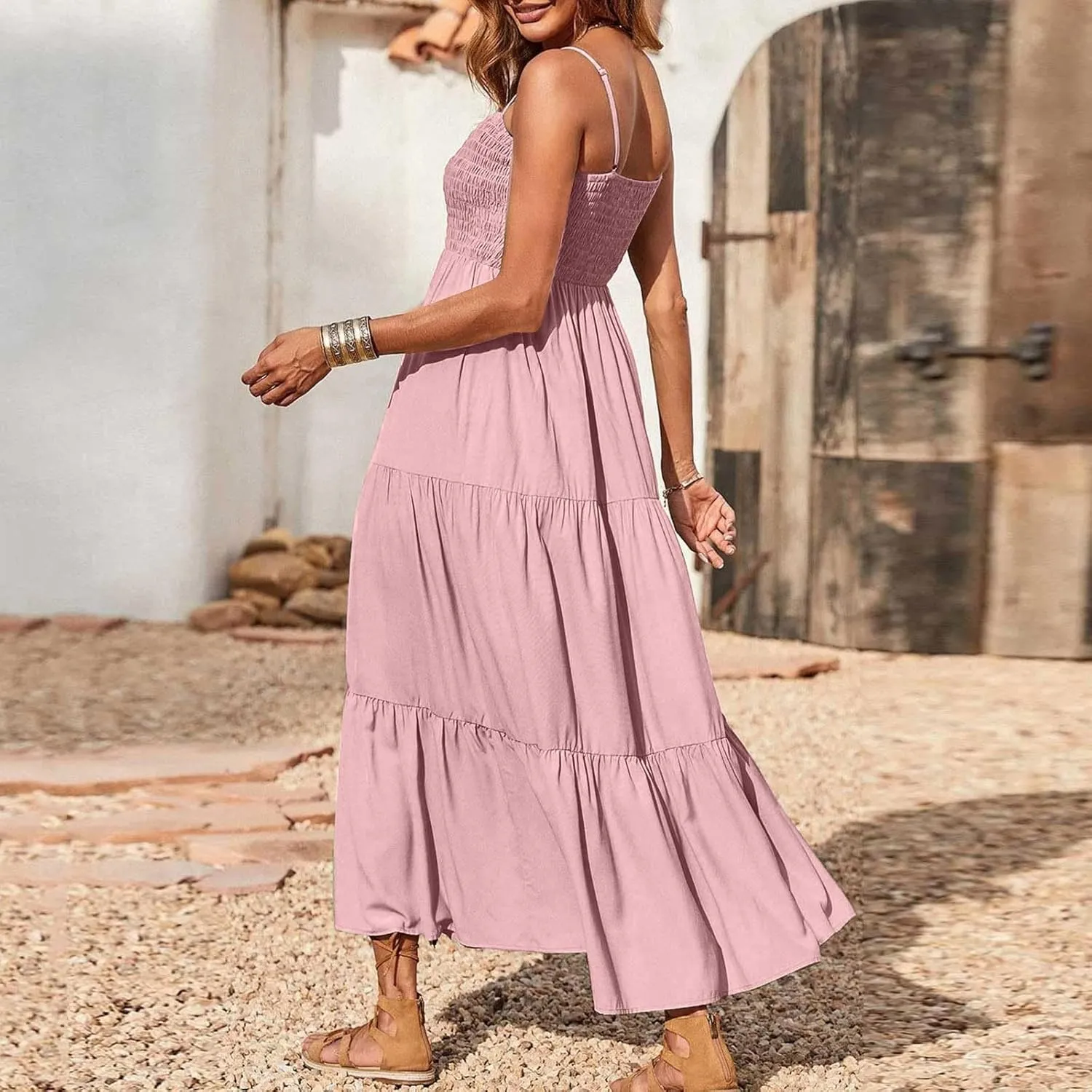 Sundresses for Women 2025 Spaghetti Strap Smocked Flowy Backless Maxi Dress Boho Cute Ruffle Tiered Beach Long Dress