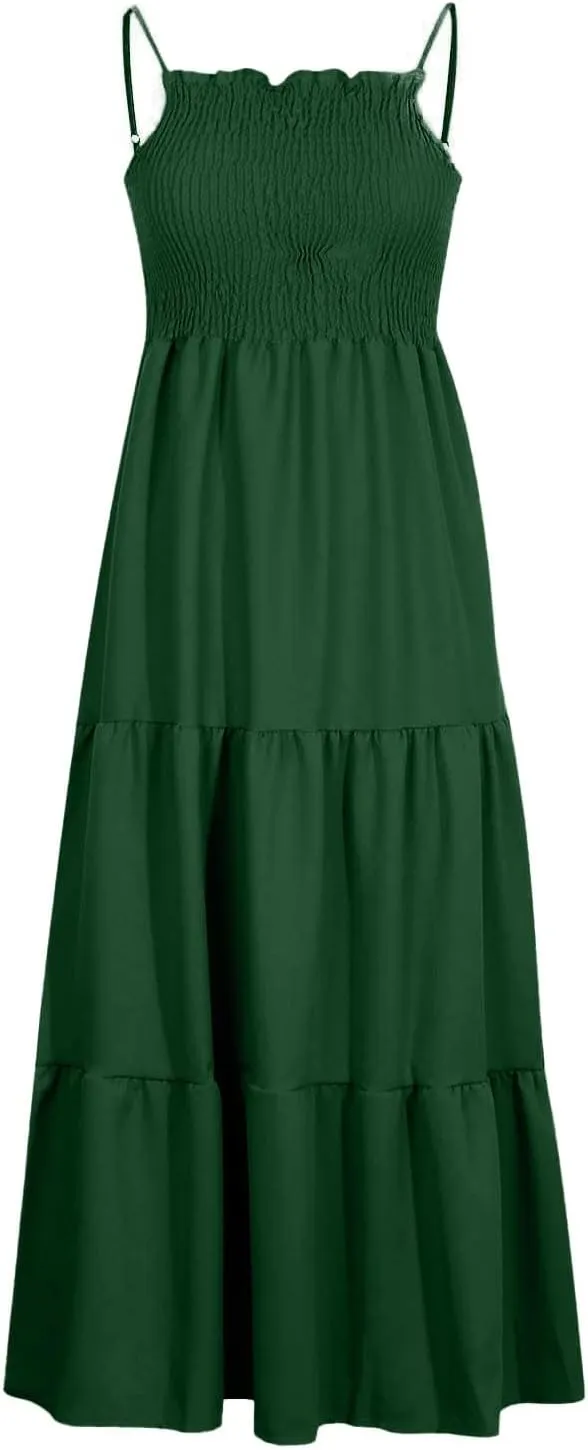 Sundresses for Women 2025 Spaghetti Strap Smocked Flowy Backless Maxi Dress Boho Cute Ruffle Tiered Beach Long Dress