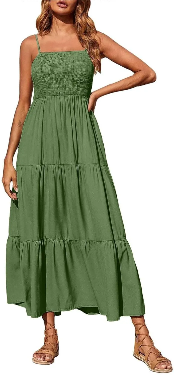 Sundresses for Women 2025 Spaghetti Strap Smocked Flowy Backless Maxi Dress Boho Cute Ruffle Tiered Beach Long Dress