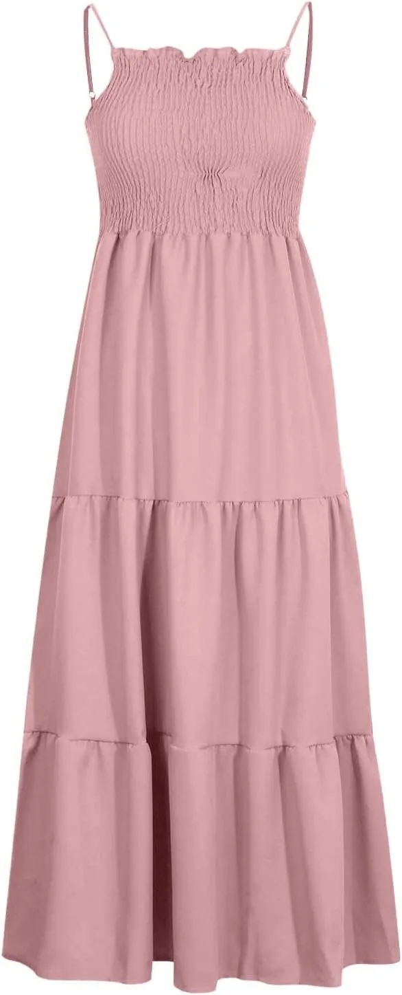 Sundresses for Women 2025 Spaghetti Strap Smocked Flowy Backless Maxi Dress Boho Cute Ruffle Tiered Beach Long Dress