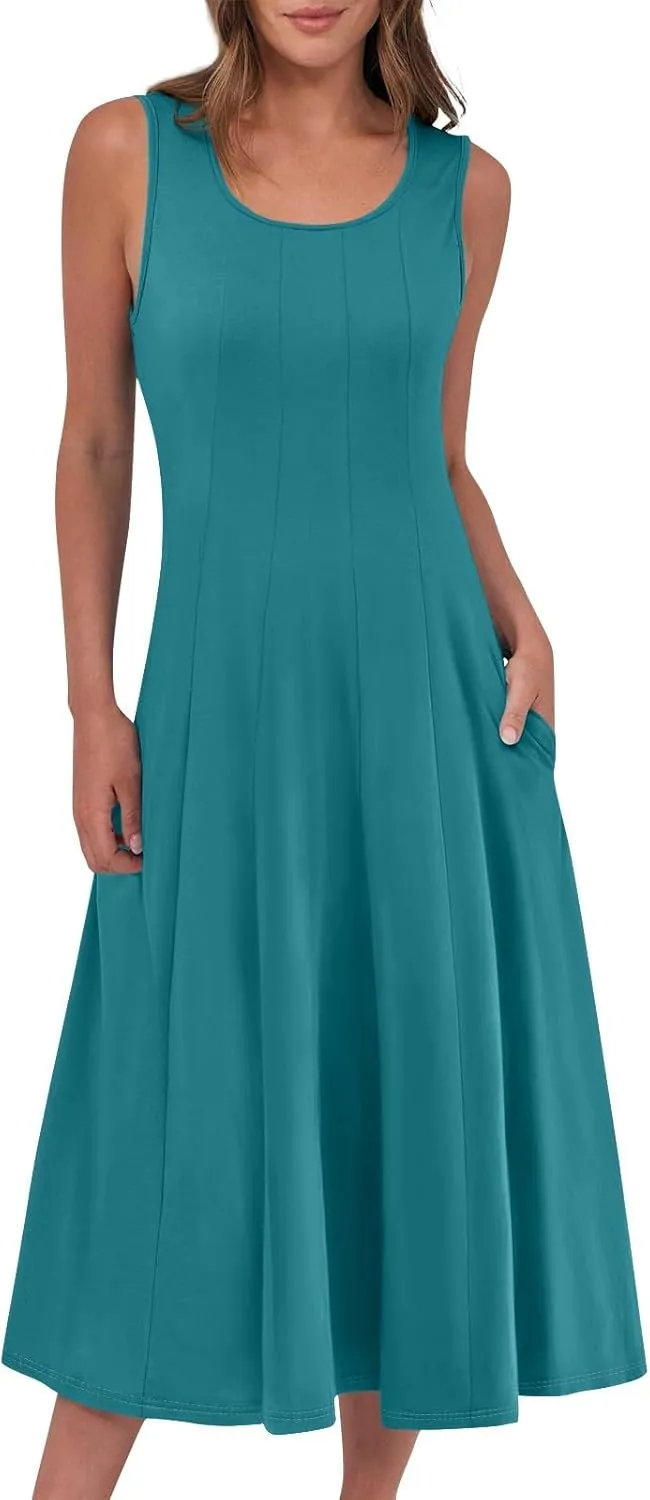 Sundresses for Women Tank Dress Summer Boho Dress Smocked Floral Dresses Casual Sleeveless Ruffle Dresses with Pockets