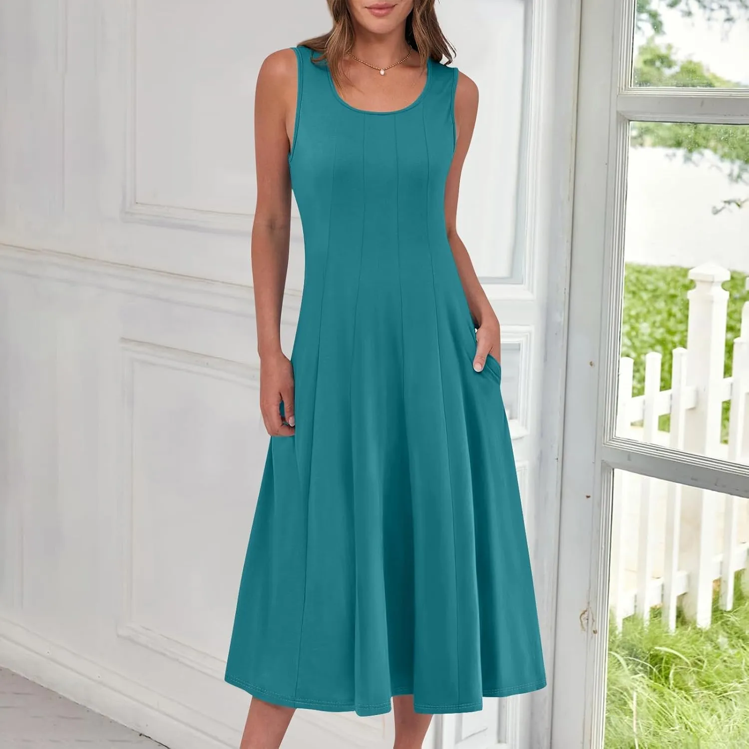 Sundresses for Women Tank Dress Summer Boho Dress Smocked Floral Dresses Casual Sleeveless Ruffle Dresses with Pockets