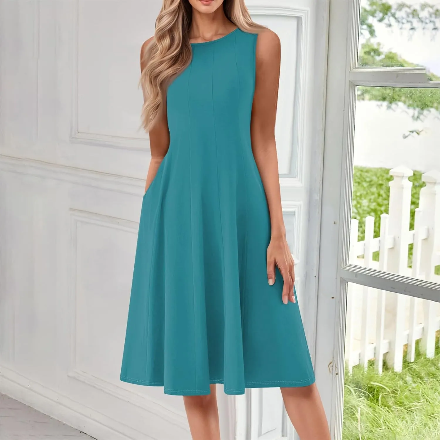 Sundresses for Women Tank Dress Summer Boho Dress Smocked Floral Dresses Casual Sleeveless Ruffle Dresses with Pockets
