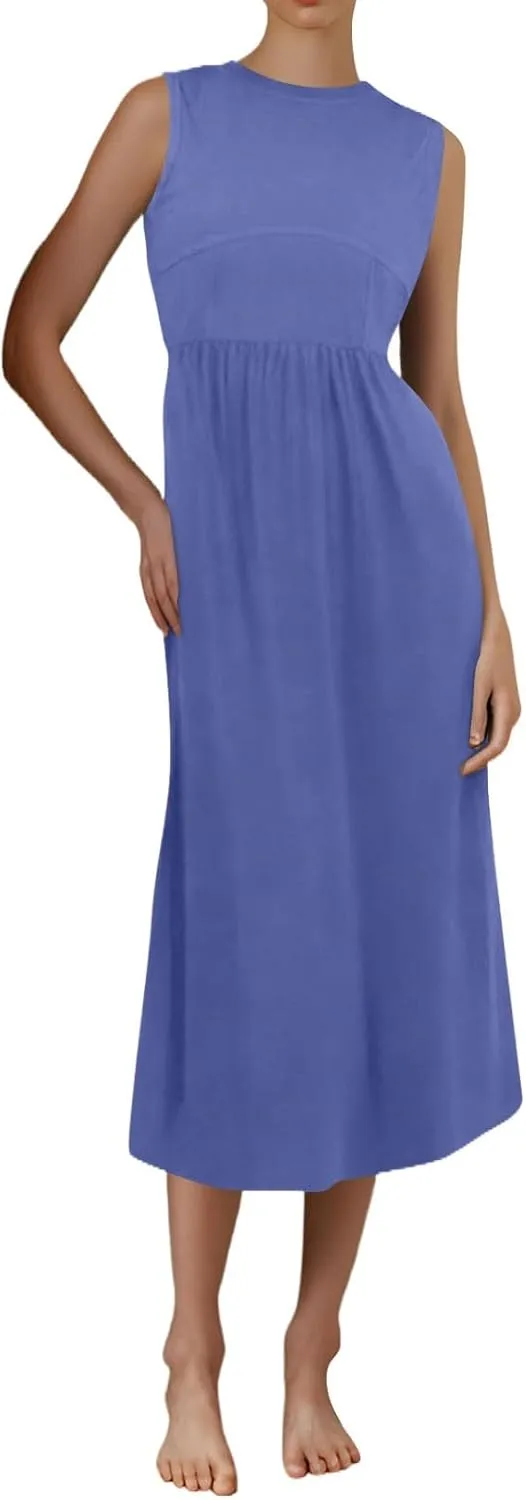 Sundresses for Women Tank Dress Summer Midi Dress Empire Waist Wrap Dresses Sleeveless Work Ruched Dresses with Pocket