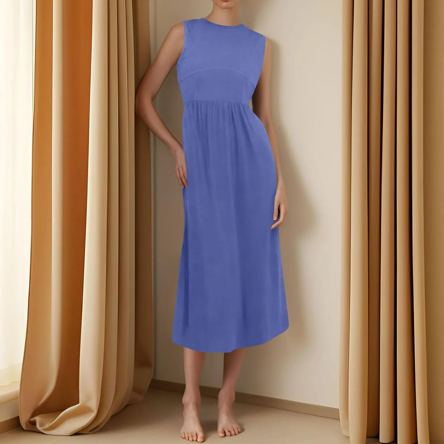 Sundresses for Women Tank Dress Summer Midi Dress Empire Waist Wrap Dresses Sleeveless Work Ruched Dresses with Pocket