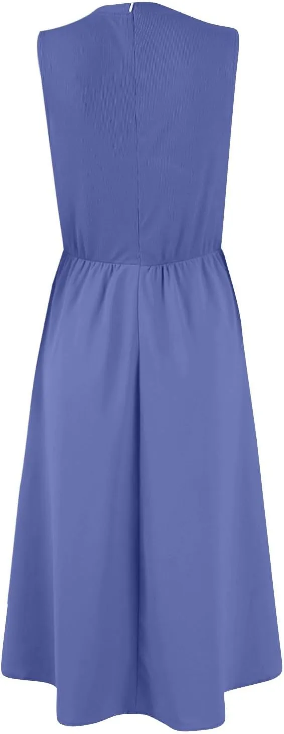 Sundresses for Women Tank Dress Summer Midi Dress Empire Waist Wrap Dresses Sleeveless Work Ruched Dresses with Pocket