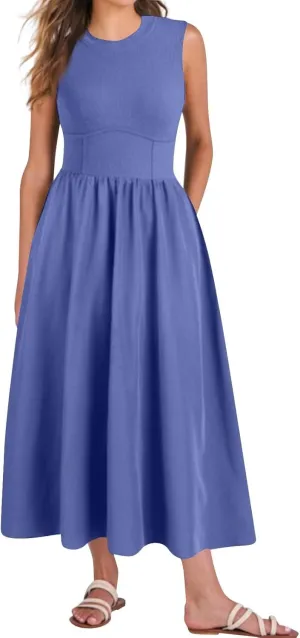 Sundresses for Women Tank Dress Summer Midi Dress Empire Waist Wrap Dresses Sleeveless Work Ruched Dresses with Pocket