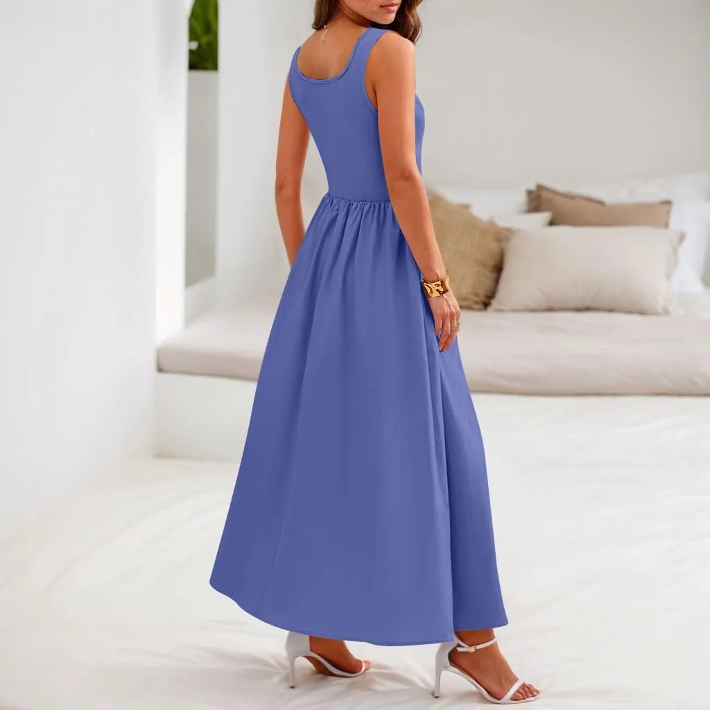 Sundresses for Women Tank Dress Summer Midi Dress Empire Waist Wrap Dresses Sleeveless Work Ruched Dresses with Pocket