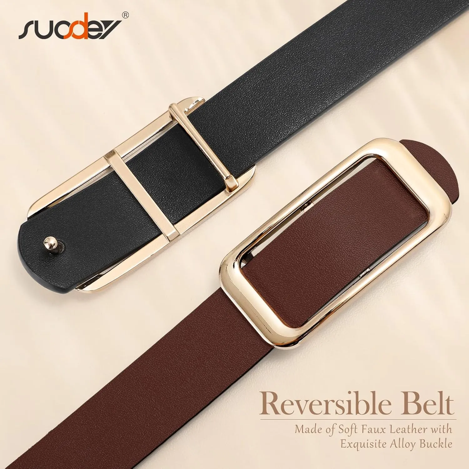SUOSDEY Women Reversible Leather Belts for Jeans Pants Dresses Ladies Fashion Belts with Gold Buckle