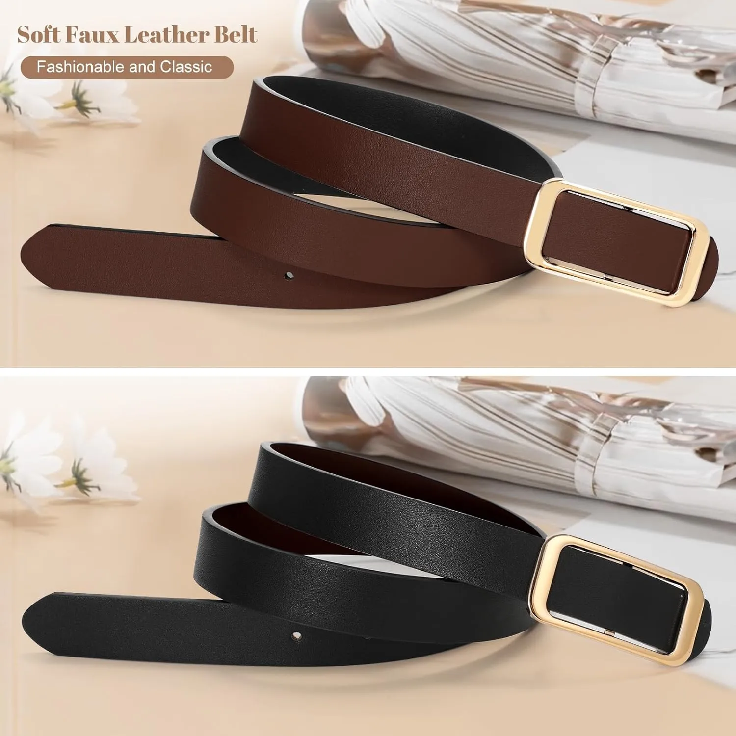 SUOSDEY Women Reversible Leather Belts for Jeans Pants Dresses Ladies Fashion Belts with Gold Buckle