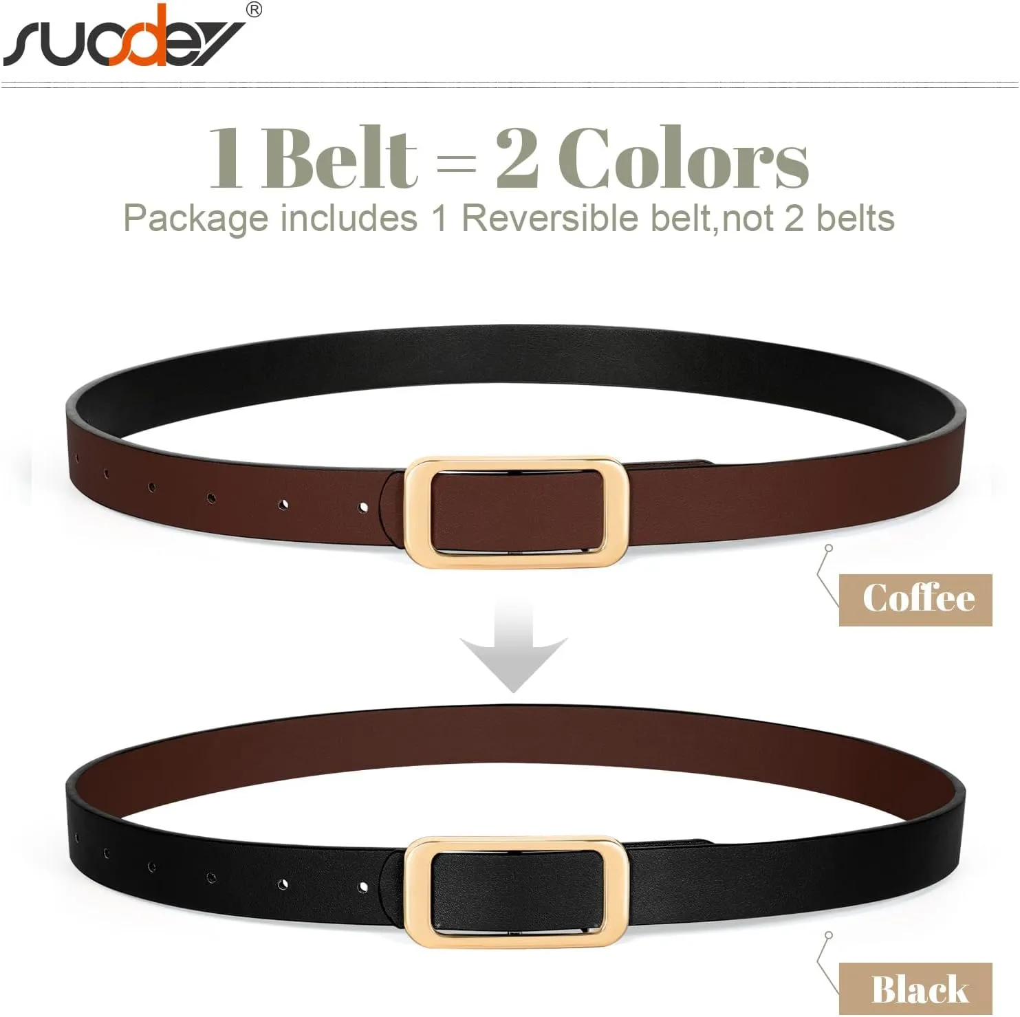 SUOSDEY Women Reversible Leather Belts for Jeans Pants Dresses Ladies Fashion Belts with Gold Buckle