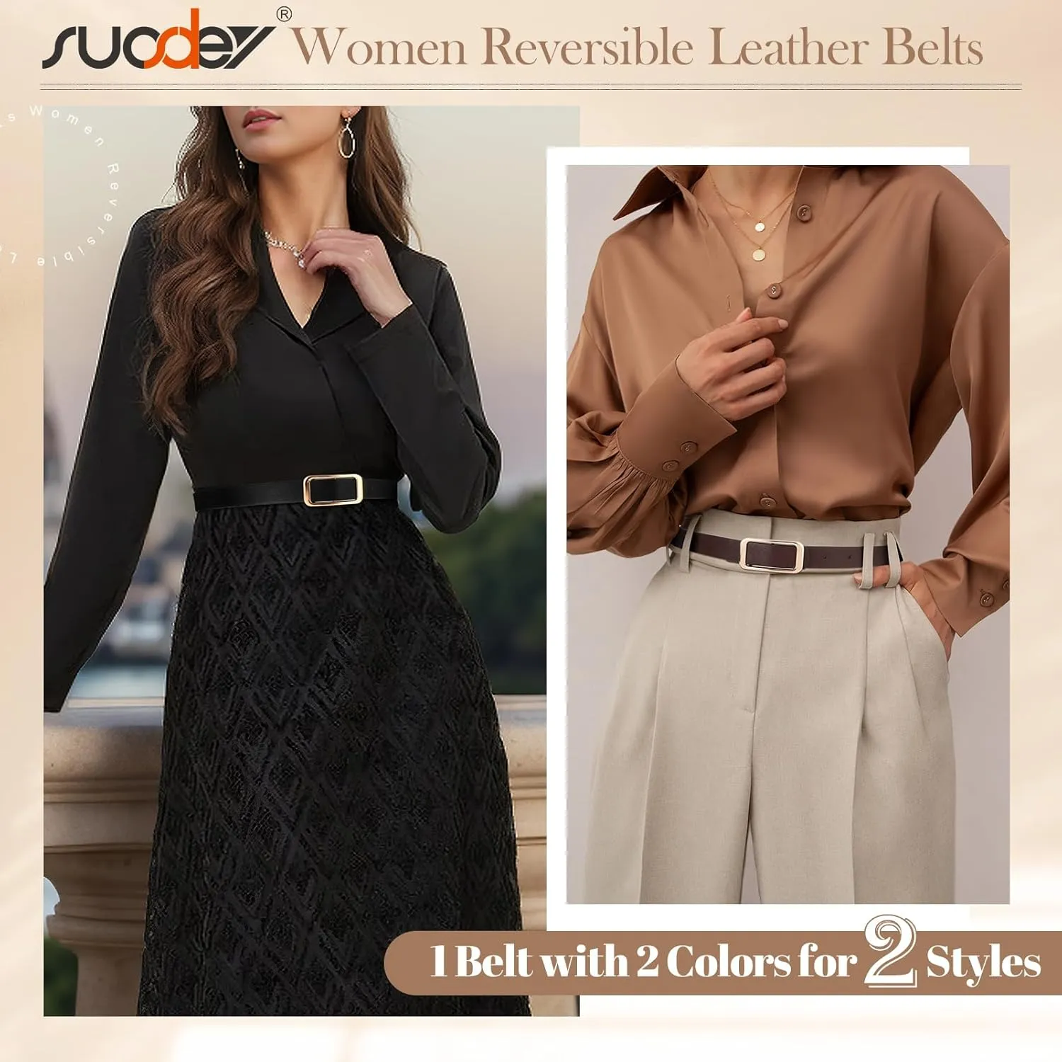 SUOSDEY Women Reversible Leather Belts for Jeans Pants Dresses Ladies Fashion Belts with Gold Buckle