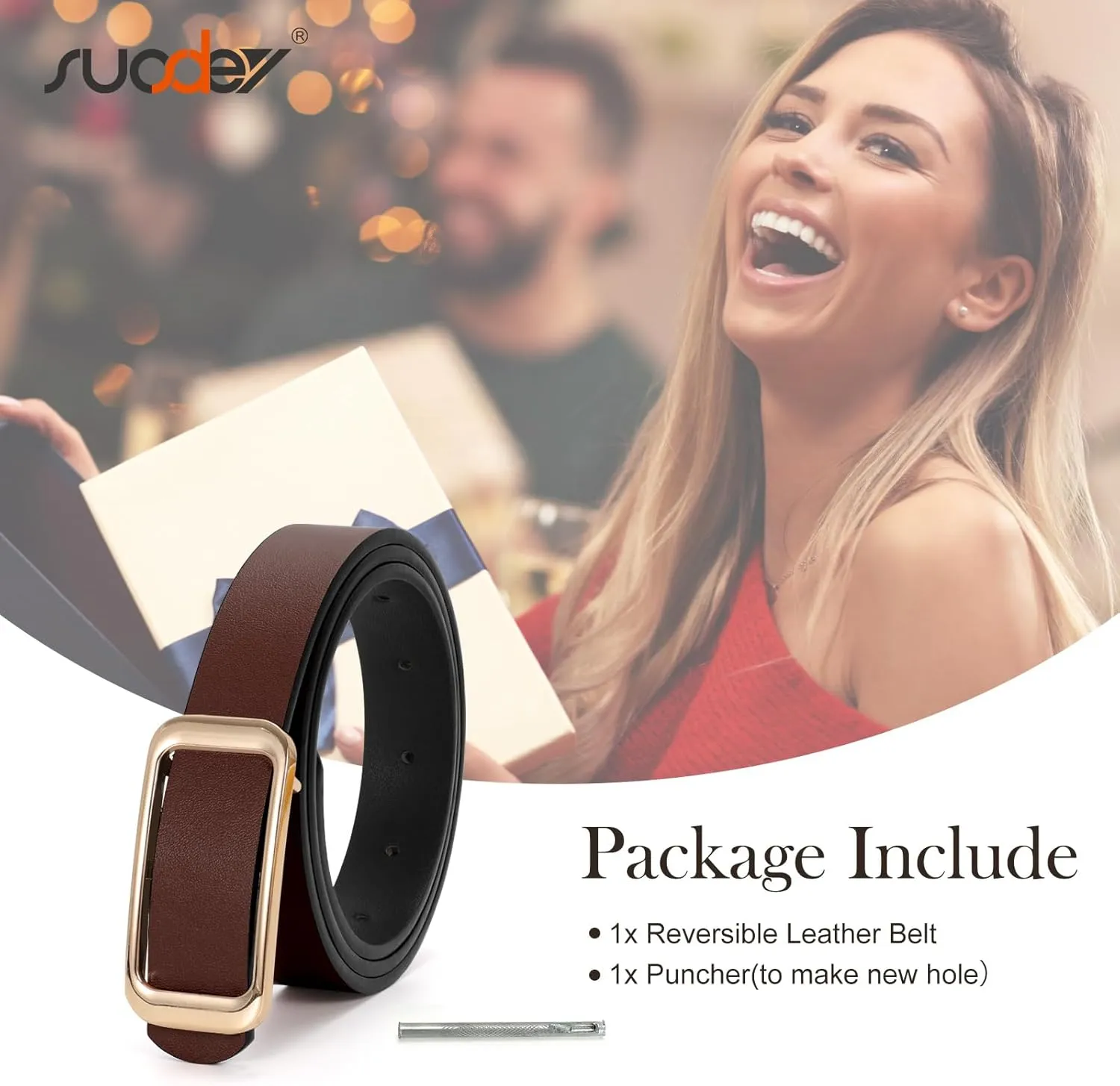 SUOSDEY Women Reversible Leather Belts for Jeans Pants Dresses Ladies Fashion Belts with Gold Buckle