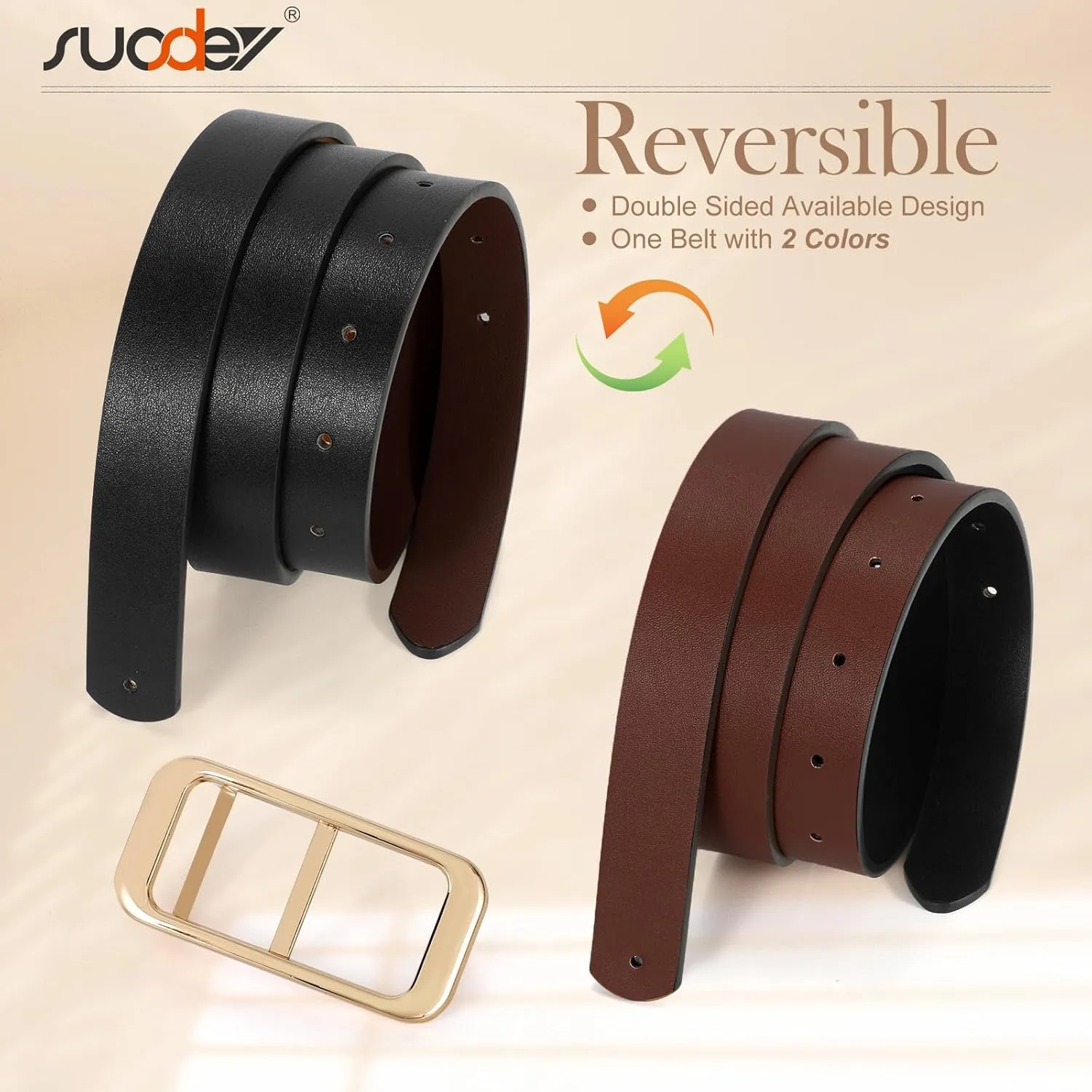 SUOSDEY Women Reversible Leather Belts for Jeans Pants Dresses Ladies Fashion Belts with Gold Buckle