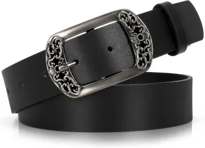 SUOSDEY Womens Leather Belts Western Vintage Women's Belt with Engraved Buckle Ladies Belt for Jeans Pants